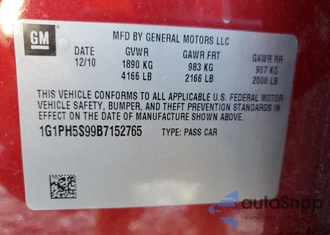 2011 Chevrolet Cruze Ltz from USA, damaged, VIN 1G1PH5S99B7152765
